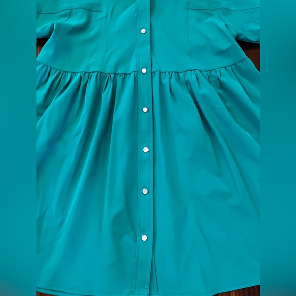 ENTRO Kelly Green Babydoll Style Collared Puff Sleeve Dress Pearl Snap - Picture 4 of 11